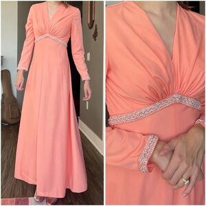 Vintage 1970s Maxi Dress Peach Pink Silver Elegant Formal Retro Disco Small